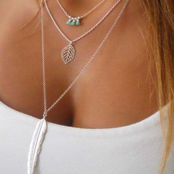 **BRANWEN* Silver Feather Multilayer Necklace - Picture 1 of 4